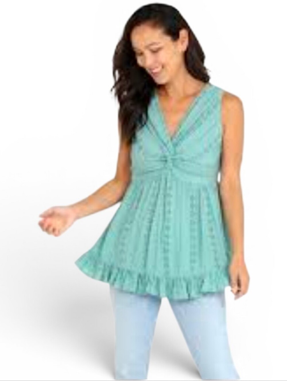 LOLA P. Sage Green Eyelet Peplum Sleeveless Top - Lsrge